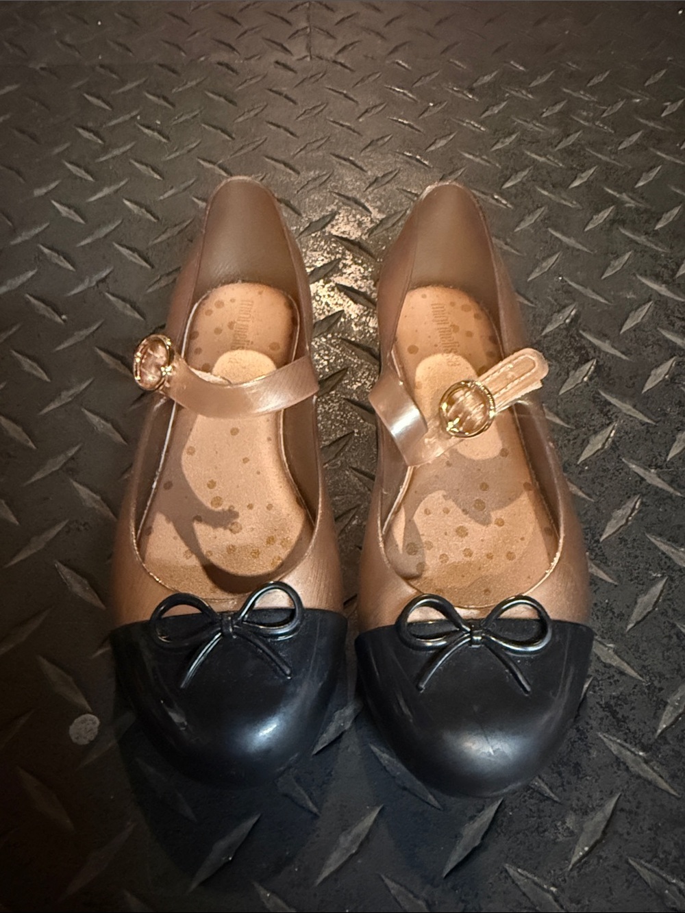 Mini Melissa Metallic Bronze and Black Mary Jane Flats with Bow Accent
